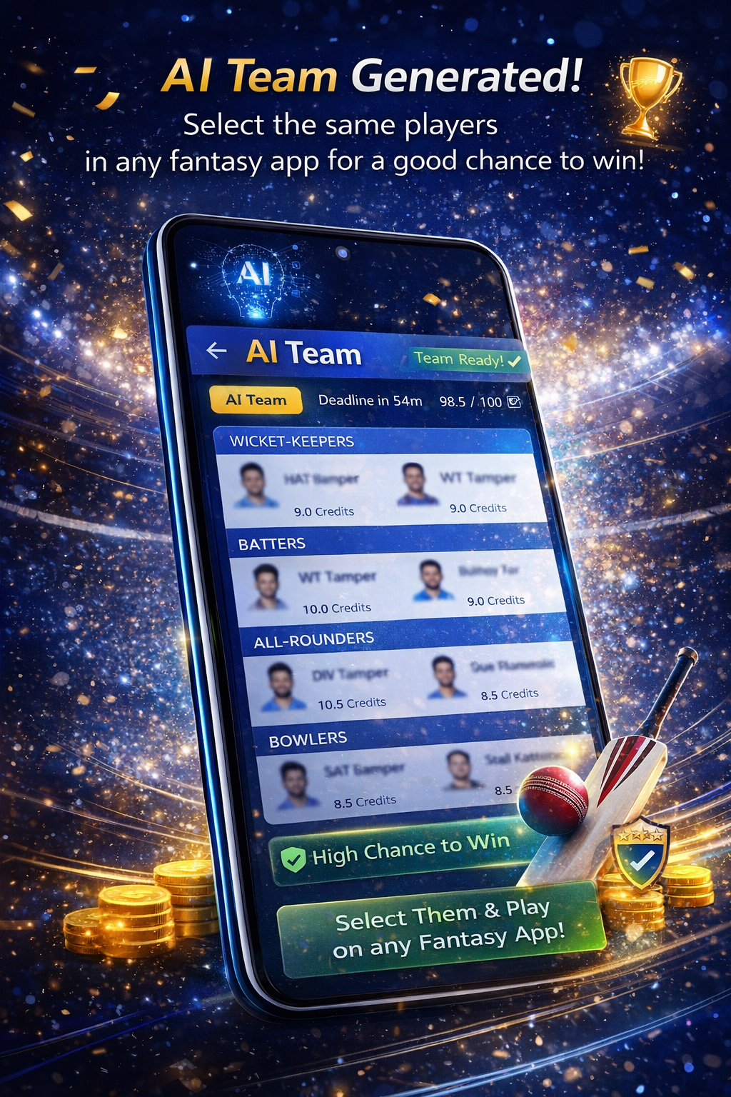 AI Dream Team free fantasy cricket match selection screen